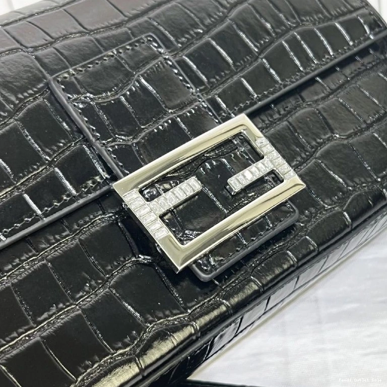 Cheap In Baguette Fendi Medium Black Leather Crocodile Tiffany Bag 0818